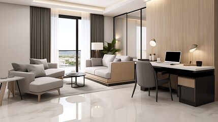 Luxury studio apartment interior design with tan boucle fabric sofa, workspace with sleek black desk, wooden chair and silver laptop, 3D Illustrations. 3D Rendering,