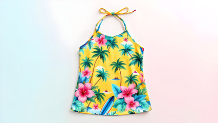 A yellow halter top with a tropical print of palm trees and hibiscus flowers on a white background