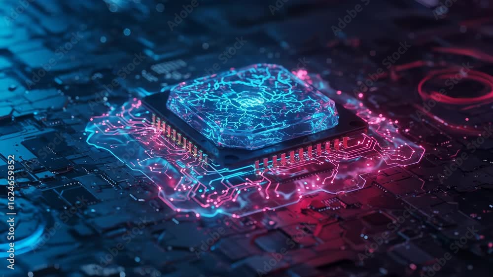 Poster digital brain: a neon-lit processor with intricate circuit boards. evoking the essence of artificial