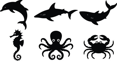Marine Life Silhouettes Collection Assortment of Sea Creatures for Graphic Design Projects