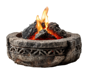 Flickering fire in rustic stone fire pit decorative element nighttime ambiance isolated on transparent background