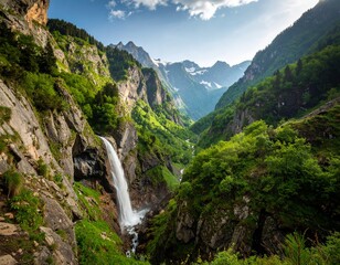 Rocky Cliffs and Waterfall in Wild Mountain Landscape