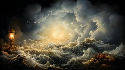 Fototapeta premium The image shows a dramatic ocean storm scene with a glowing lantern amidst turbulent waves.
