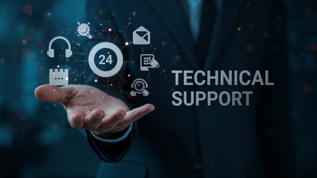 Hand presenting technical support and customer service icons with glowing digital interface