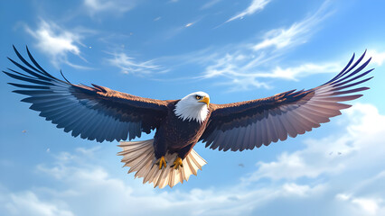 Obraz premium An eagle soars through the sky with its wings fully extended against a backdrop of blue sky and clouds