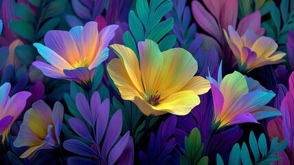 Vibrant colorful flowers with delicate translucent petals blooming in a dark lush foliage