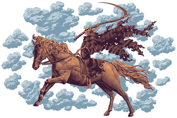 Death on Horseback. Editable hand drawn illustration. Vector vintage engraving. 8 EPS