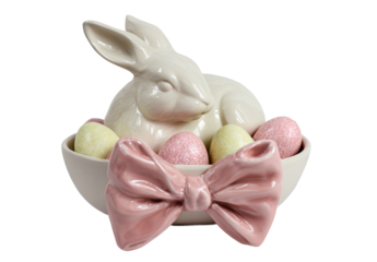  A white ceramic bowl with a pink bow, containing a white bunny head and filled with Easter eggs, isolated on a transparent background