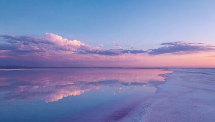 Obraz premium Serene, tranquil salt lake at sunset. Pale pink and purple hues reflect in still water. Soft, fluffy clouds. Vast, open landscape