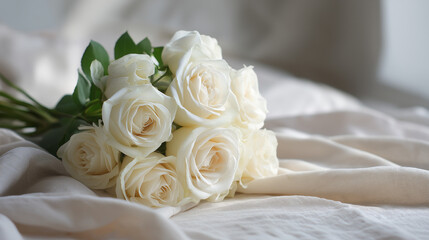 Elegant White Rose Bouquet on Soft Fabric Background