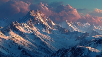 Jagged snow covered mountain peaks illuminated by warm sunlight beneath a dramatic sky