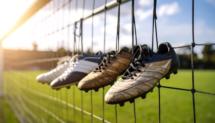 Three pairs of worn soccer cleats hang on a goal net, bathed in sunlight