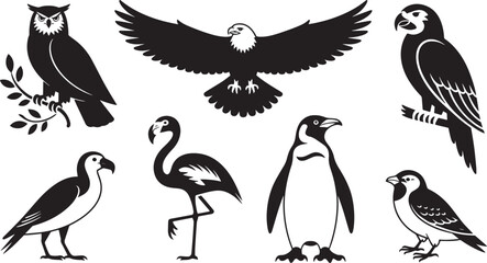 Monochrome Bird Species Icons Set Featuring Owl, Eagle, Parrot, Seagull, Flamingo, Penguin, Sparrow © MC Creative