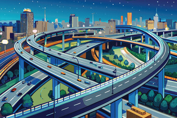 Aerial view of Shanghai's urban night cityscape with car traffic on a bridge and interchange overpass