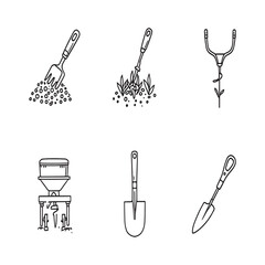 Detailed seeder machinery in simple black line art drawing.eps