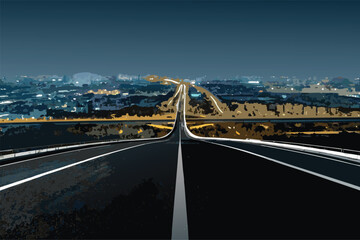 Night cityscape of a vibrant urban highway bridge with streaking lights of fast-moving traffic