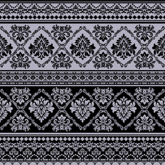 Classic damask layout with diamond-shaped floral elements in soft grey and black. Suitable for luxury packaging, textiles, and decorative backgrounds.