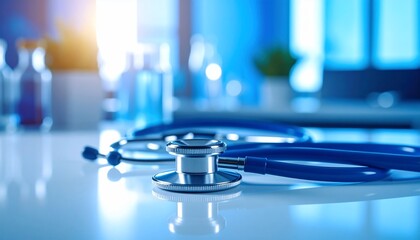 Naklejka premium Medical Stethoscope on a Reflective Surface in a Modern Clinic