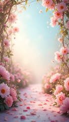 Romantic Floral Pathway with Pink Daisy Flowers and Morning Light
