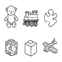 Cute hand drawn toys vector line art set.eps