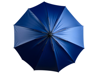 Overhead view of a vibrant blue umbrella, open and ready for use.