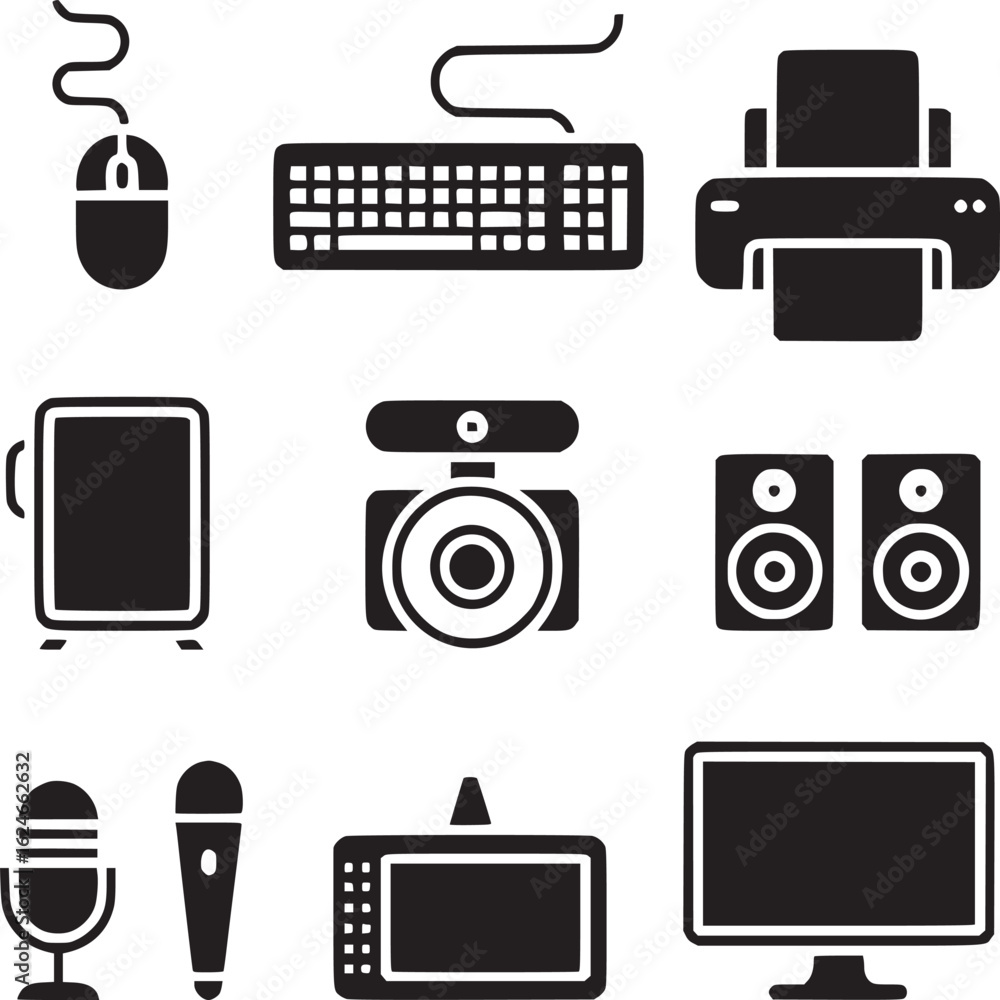 Poster vector art of set of computer peripherals and accessories isolated on white background for graphic d