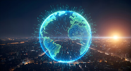 Futuristic Globe Over Cityscape At Night