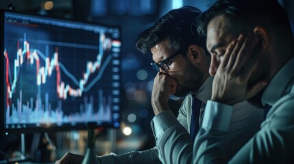 Stressed Business Executives Analyzing Sharp Stock Market Decline in Office