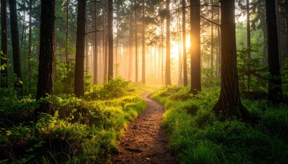Obraz premium Misty Forest Trail Winding Through Sunset Clearing