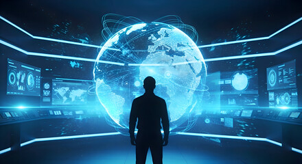 Man Standing Before Digital Globe in Futuristic Control Room