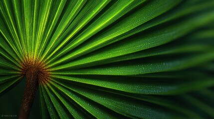 Fototapeta premium Bright green palm leaf, veins radiating from the center, water droplets