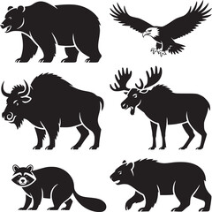 Vector art of silhouette of north american animals isolated on white background, including bear, eagle, bison, moose, and raccoon