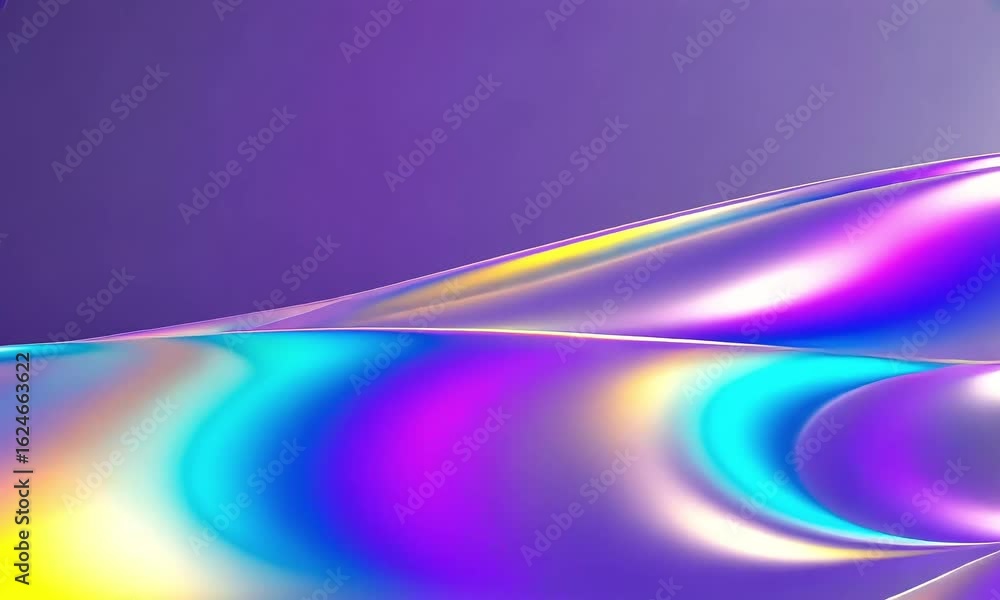 Poster iridescent wave pattern with purple background and smooth holographic color transitions visible