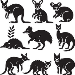 Vector art of australian animals silhouette set including kangaroo koala tasmanian devil echidna platypus isolated on white background