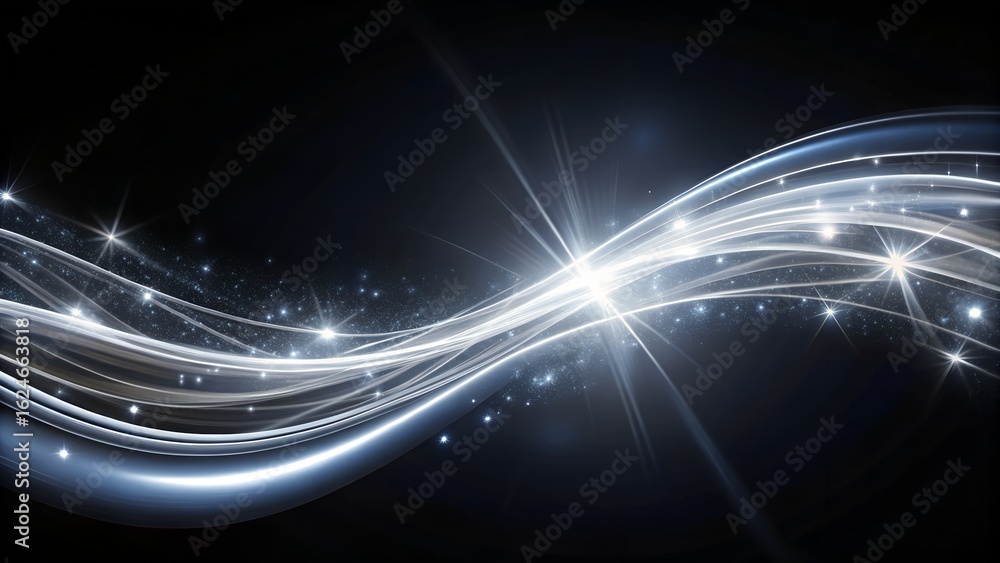 Poster abstract flowing lines of light and sparkles creating a dynamic and energetic wave on a dark backgro