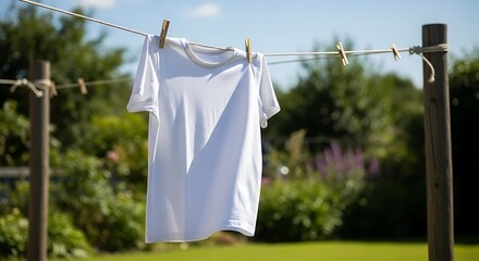A clean white t-shirt hangs on a clothesline to dry in a sunny, green garden.
