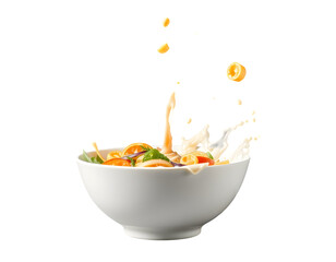 Bowl of cereal with milk splash and fruit slices on a transparent background
