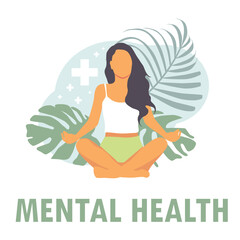 Woman meditating in a yoga pose surrounded by nature and leaves. Mental Health Awareness Month