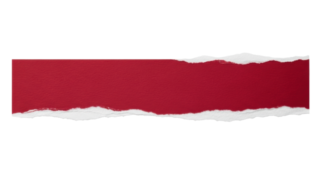 Crimson red horizontal paper strip with fine-grained texture and jagged torn edges showing white underside, isolated on a plain white background with bright studio lighting, high-angle view, concept