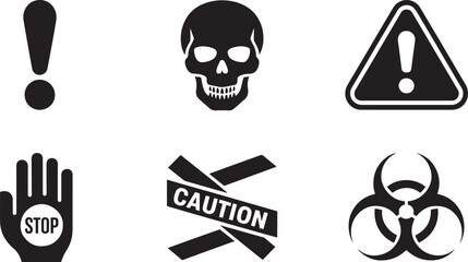 Silhouette Icons of Warning Symbols Exclamation Skull Caution Hand Biohazard on Transparent BG