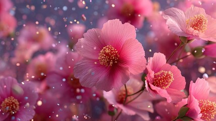 Close up of vibrant pink flowers with detailed petals and yellow stamens amidst falling confetti