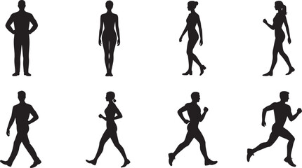 Silhouette People Collection Diverse Poses of Standing Walking and Running Figures on Transparent