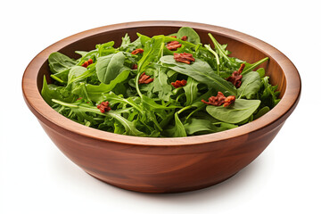 Fresh green salad with arugula and lettuce in wooden bowl
