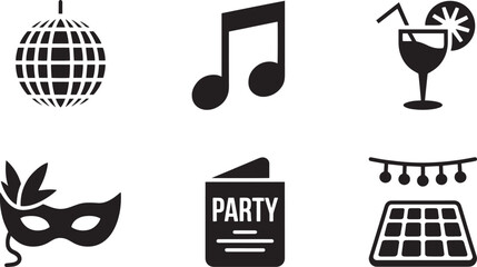 Silhouette Pictograms of Entertainment Elements Depicting Disco Ball, Notes, Drink, Mask, and Lights