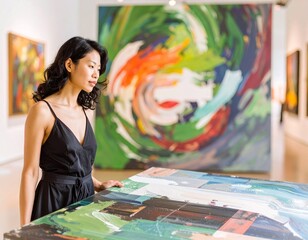 Art Gallery Visitor Contemplating Abstract Painting: A Moment of Artistic Inspiration