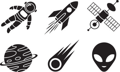 Space Exploration Icon Collection Vector Art Featuring Astronauts, Rockets, and Satellites on Transparent Backdrop