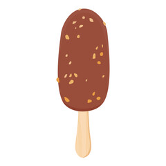 Vanilla ice cream with nut pieces and crunchy chocolate topping on wooden stick