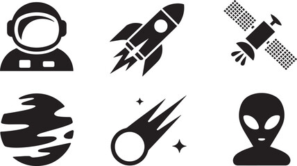 Space Exploration Icons in Black Silhouette on Transparent Background for Design Projects