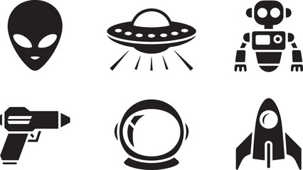 Space Icons Set Alien Spaceship Robot Gun Astronaut Helmet Rocket Vector Illustration Art