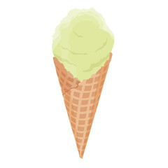 Pistachio ice cream scoop with a crisp waffle cone isolated on white background